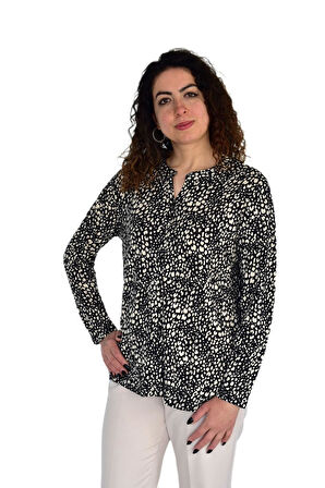 Kadın Leopar Baskılı Düğmeli Viscon Bluz BGL-ST04277
