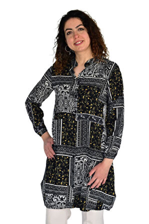 Kadın Uzun Pano Baskılı Desen Viscon Bluz BGL-ST04295