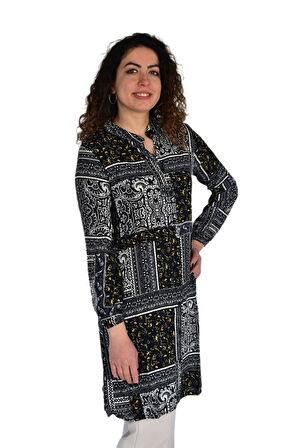 Kadın Uzun Pano Baskılı Desen Viscon Bluz BGL-ST04295