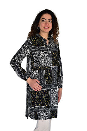 Kadın Uzun Pano Baskılı Desen Viscon Bluz BGL-ST04295