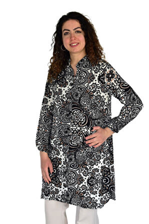Kadın Uzun Pano Baskılı Desen Viscon Bluz BGL-ST04295