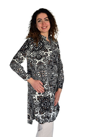 Kadın Uzun Pano Baskılı Desen Viscon Bluz BGL-ST04295