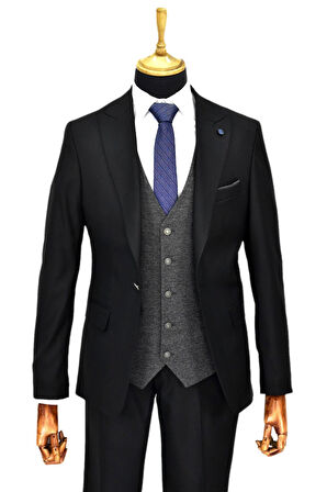 Erkek Siyah Çift Yırtmaçlı Armürlü Yelek Kombinli 6 Drop BGL-ST04478