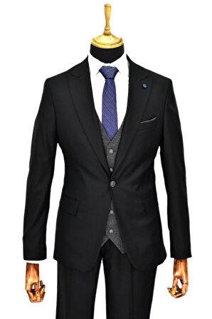 Erkek Siyah Çift Yırtmaçlı Armürlü Yelek Kombinli 6 Drop BGL-ST04478