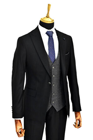 Erkek Siyah Çift Yırtmaçlı Armürlü Yelek Kombinli 6 Drop BGL-ST04478