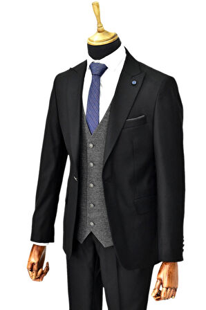 Erkek Siyah Çift Yırtmaçlı Armürlü Yelek Kombinli 6 Drop BGL-ST04478