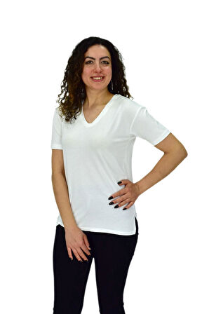 Kadın Yarım Kol V Yaka Likralı Tişöt  BGL-ST04651