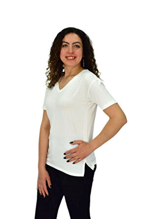 Kadın Yarım Kol V Yaka Likralı Tişöt  BGL-ST04651