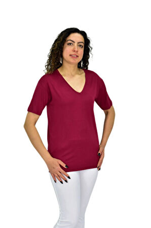 Kadın Yarım Kol V Yaka Likralı Tişöt  BGL-ST04651