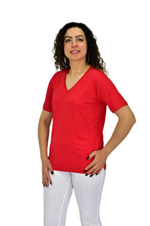 Kadın Yarım Kol V Yaka Likralı Tişöt  BGL-ST04651