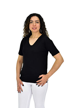 Kadın Yarım Kol V Yaka Likralı Tişöt  BGL-ST04651