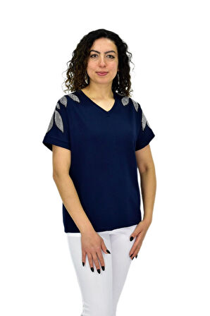 Kadın Yarım Kol V Yaka Taşlı Likralı Tişöt  BGL-ST04654