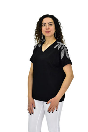 Kadın Yarım Kol V Yaka Taşlı Likralı Tişöt  BGL-ST04654