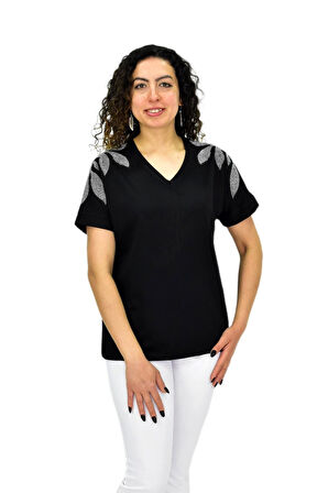 Kadın Yarım Kol V Yaka Taşlı Likralı Tişöt  BGL-ST04654
