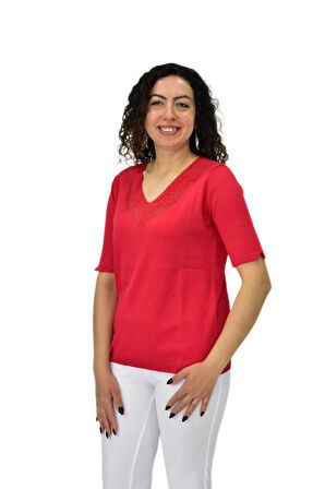 Kadın Yarım Kol V Yaka Yaka Sırt Detaylı Triko Tişöt 12835 BGL-ST04657