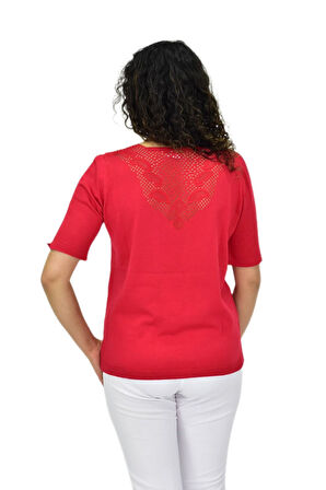 Kadın Yarım Kol V Yaka Yaka Sırt Detaylı Triko Tişöt 12835 BGL-ST04657