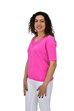 Kadın Yarım Kol V Yaka Yaka Sırt Detaylı Triko Tişöt 12835 BGL-ST04657