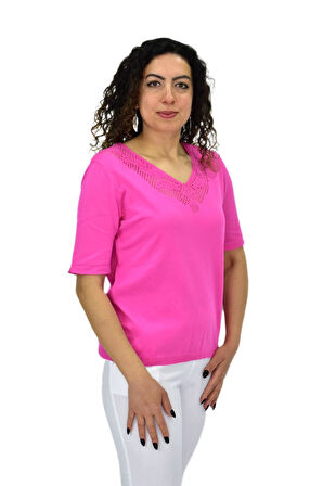 Kadın Yarım Kol V Yaka Yaka Sırt Detaylı Triko Tişöt 12835 BGL-ST04657