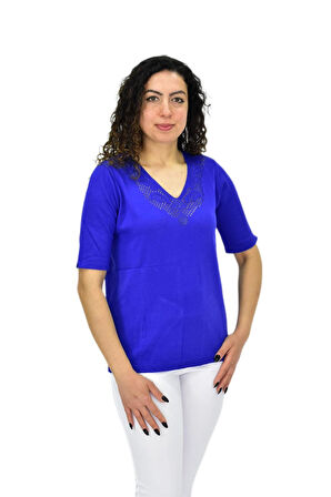 Kadın Yarım Kol V Yaka Yaka Sırt Detaylı Triko Tişöt 12835 BGL-ST04657