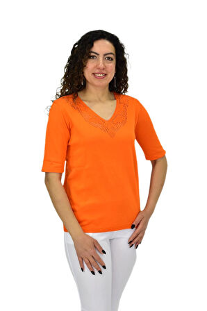 Kadın Yarım Kol V Yaka Yaka Sırt Detaylı Triko Tişöt 12835 BGL-ST04657