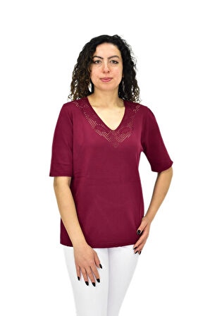 Kadın Yarım Kol V Yaka Yaka Sırt Detaylı Triko Tişöt 12837 BGL-ST04658