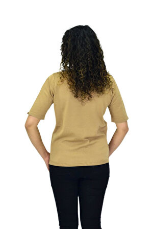 Kadın Yarım Kol V Yaka Yaka Sırt Detaylı Triko Tişöt 12837 BGL-ST04658