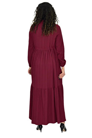 Kadın Uzun Kol Lastikli Kabartma Çizgili Elbise BGL-ST04676