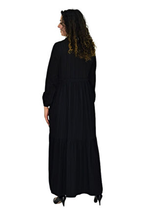 Kadın Uzun Kol Lastikli Kabartma Çizgili Elbise BGL-ST04676