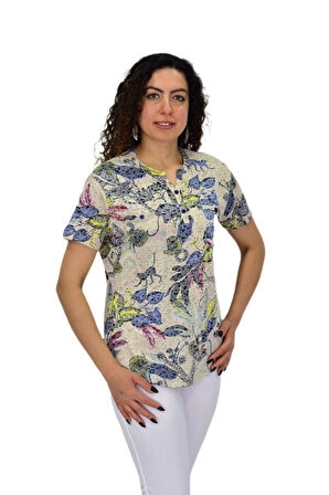 Kadın Kısa Kol Baskılı Cepli Bluz BGL-ST04699