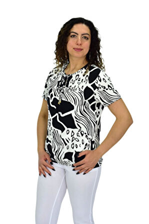 Kadın Kısa Kol Baskılı Bluz BGL-ST04701