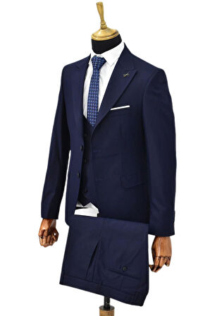 Erkek Lacivert Silim Fitt Yelekli Takım Elbise BGL-ST04304