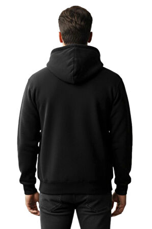 Erkek Kapüşonlu Fermuarlı Siyah Sweatshirt 3 İplik BGL-ST04791