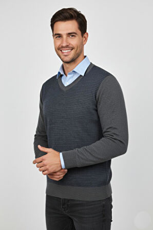 Erkek V Yaka Triko Kazak Çelik Örgü Regular Kalıp BGL-ST04838