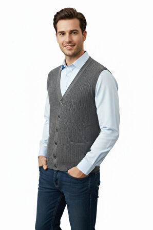Erkek Düğmeli Yelek Cepli Çelik Örgü Klasik Kalıp 5212L BGL-ST04845