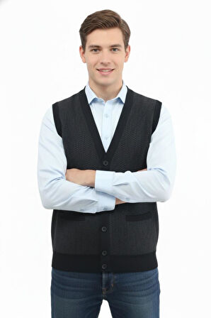 Erkek Düğmeli Yelek Cepli Çelik Örgü Klasik Kalıp 5212L BGL-ST04845