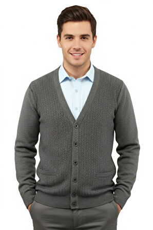 Erkek Düğmeli Hırka Cepli Çelik Örgü Klasik Kalıp 5212M BGL-ST04848