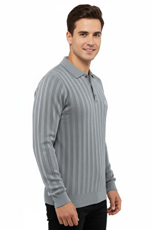 Erkek Polo Yaka Kazak Cepli Çelik Örgü Klasik Kalıp 5203F BGL-ST04851