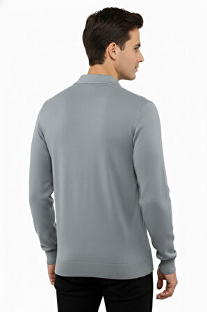 Erkek Polo Yaka Kazak Cepli Çelik Örgü Klasik Kalıp 5203F BGL-ST04851