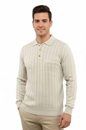 Erkek Polo Yaka Kazak Cepli Çelik Örgü Klasik Kalıp 5203F BGL-ST04851