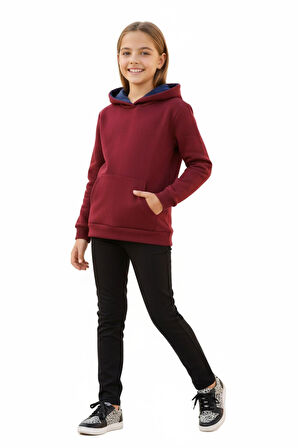Kız Çocuk Bordo Kapüşonlu Cepli 3 İplik Sweatshirt BGL-ST04998