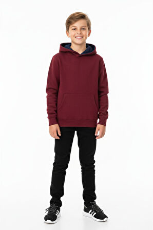 Erkek Çocuk Bordo Kapüşonlu Cepli 3 İplik  Sweatshirt BGL-ST05002