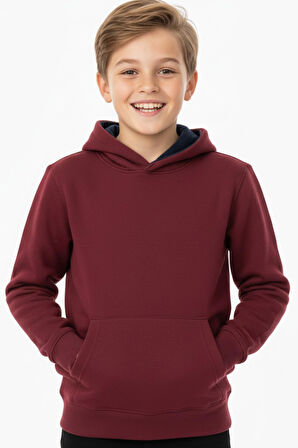 Erkek Çocuk Bordo Kapüşonlu Cepli 3 İplik  Sweatshirt BGL-ST05002