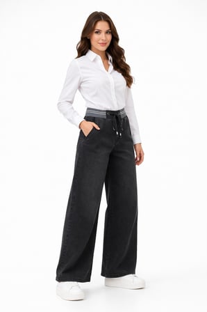 Kadın Bol Jean Pantolon Beli Ribana Lastikli BGL-ST05385