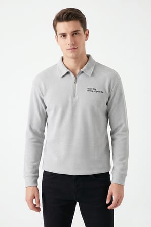 Erkek Spor Polo Yaka Petek Dokulu Sweatshırt BGL-ST05442