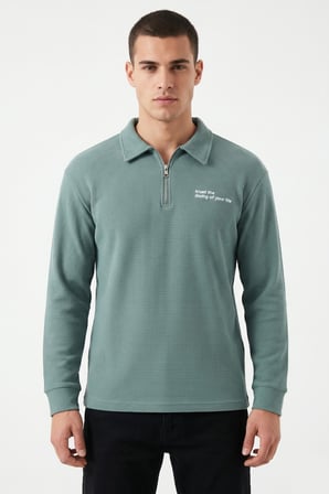 Erkek Spor Polo Yaka Petek Dokulu Sweatshırt BGL-ST05442