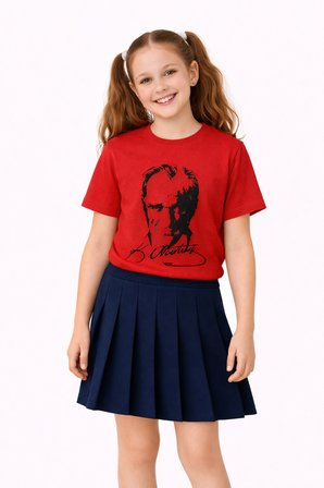 Atatürk Baskılı Kırmız Siyah Baskılı Çocuk Tişört BGL-ST05508