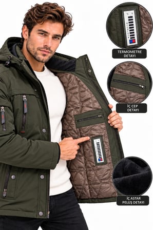 Erkek Su İtici Cepli Peluş Astarlı Kapüşonlu Mont BGL-ST05817