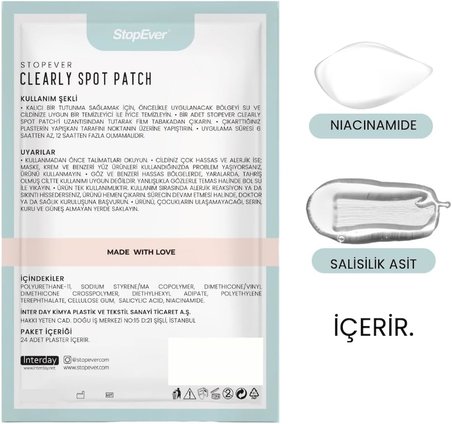 Clearly Spot Patch, Sivilce Karşıtı Şeffaf Plaster | Şeffaf, Ultra İnce, Hidrokolloid + Niacinamide + Salicylic Asit İçerikli Akne Karşıtı Yüz Bandı | 24 Adet