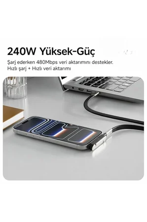 240W 2'si 1 Arada Type-C Hızlı Şarj Kablosu 1.2m Standlı, PD Destekli, Lightning Uyumlu Çok Fonksiyonlu Şarj ve Data Kablosu