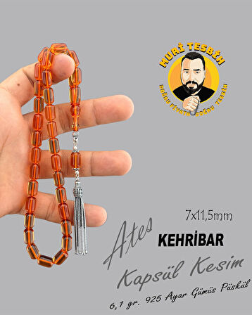 MURİ TESBİH 6,1 GR 925 AYAR GÜMÜŞ PÜSKÜL ALİ ALBAYRAK ATEŞ KEHRİBAR KAPSÜL KESİM 7X11,50